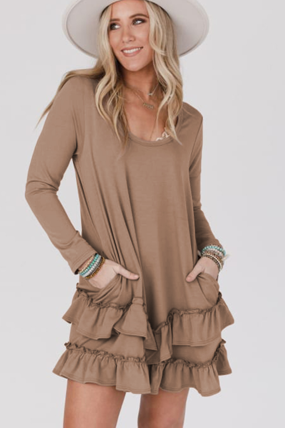 Goat Scoop Neck Tiered Ruffled Hem Long Sleeve Mini Dress - loveforevers