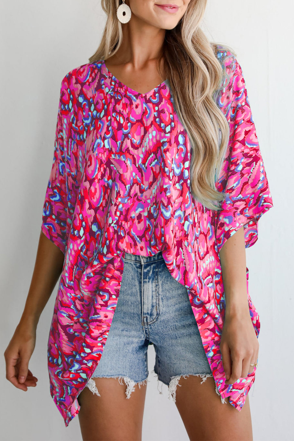Pink Abstract Print V Neck Half Sleeve Loose Fit Tunic Blouse - loveforevers