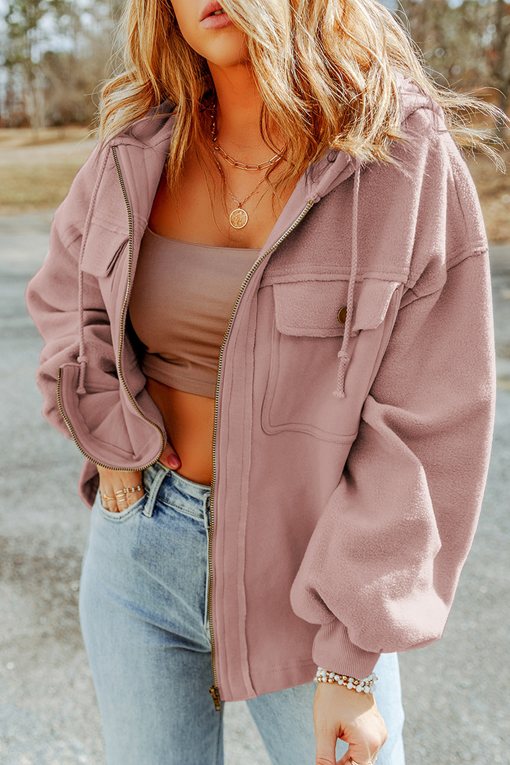 Pink Flap Pocket Drawstring Hood Zip Up Jacket - loveforevers