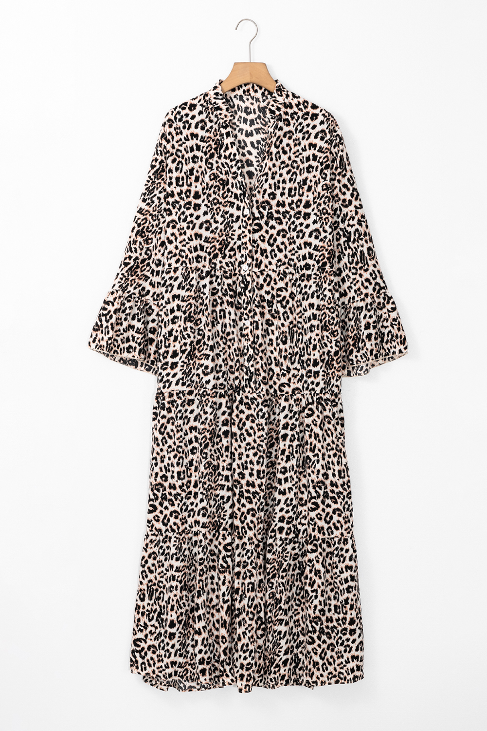 Apricot Leopard Print Tiered Wide Sleeve Maxi Dress - loveforevers