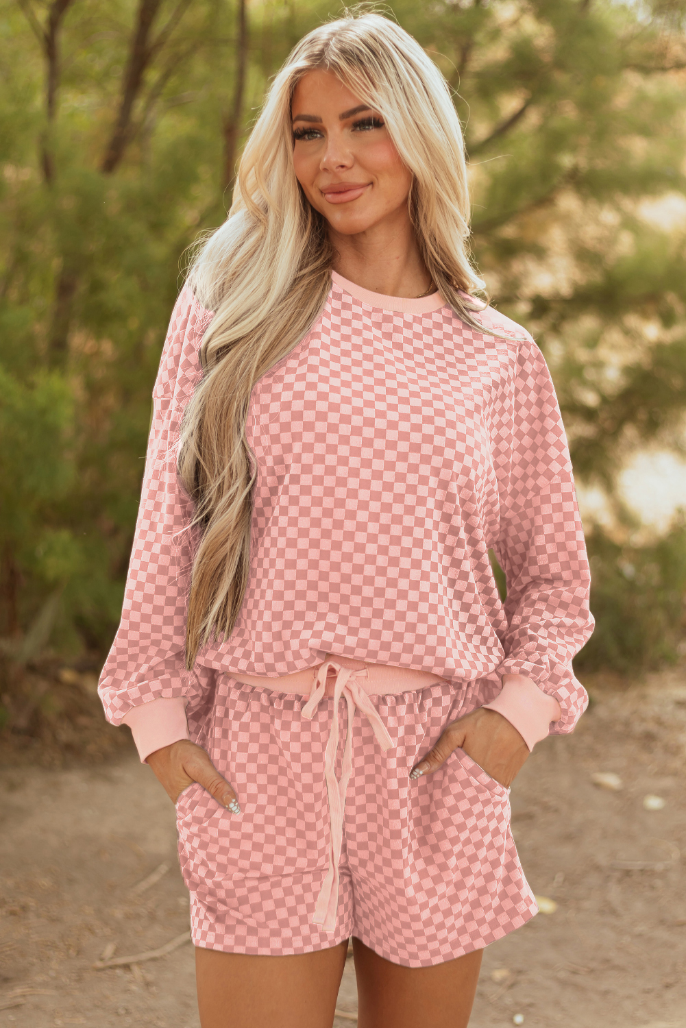 Pink Checkerboard Long Sleeve Pullover and Shorts Set - loveforevers