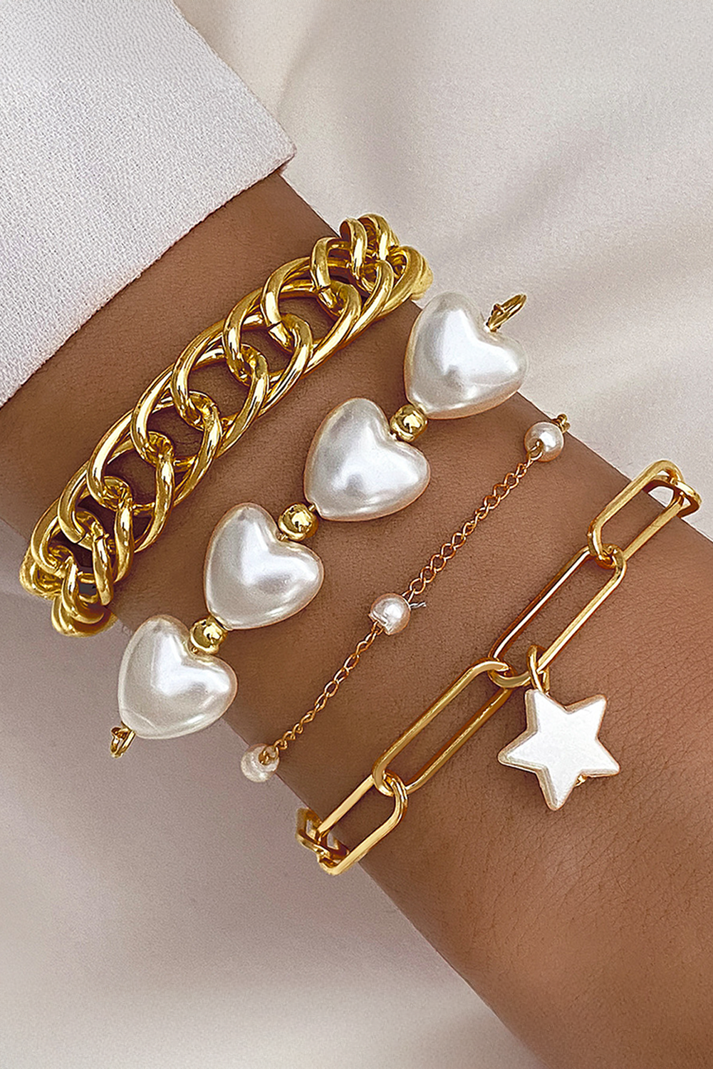 Gold Multilayer Plated Chain Peal Shell Heart Star Beading Bracelet - loveforevers