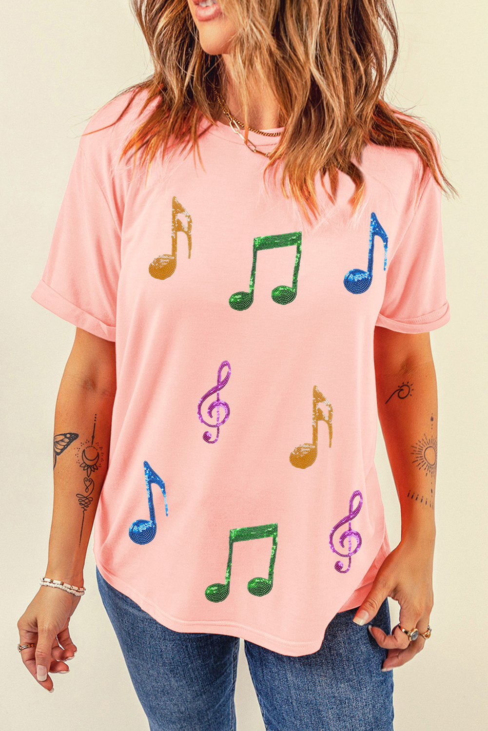 Pink Music Notes Patched Graphic Casual T Shirt - loveforevers