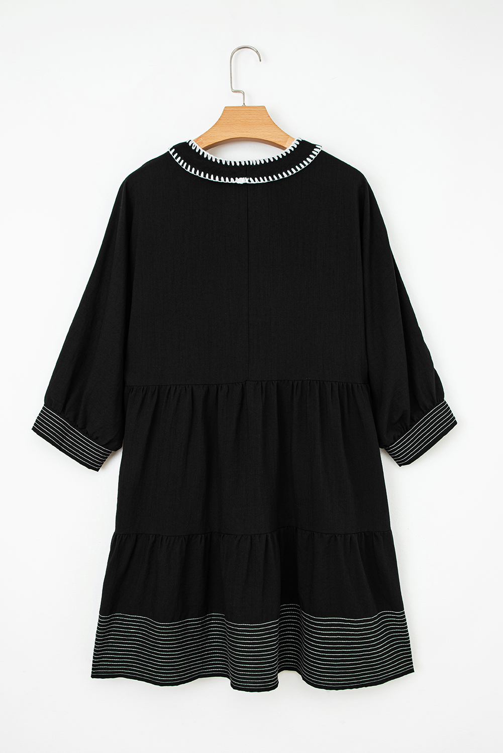Black Contrast Stitched V Neck 3/4 Sleeve Tiered Mini Dress - loveforevers