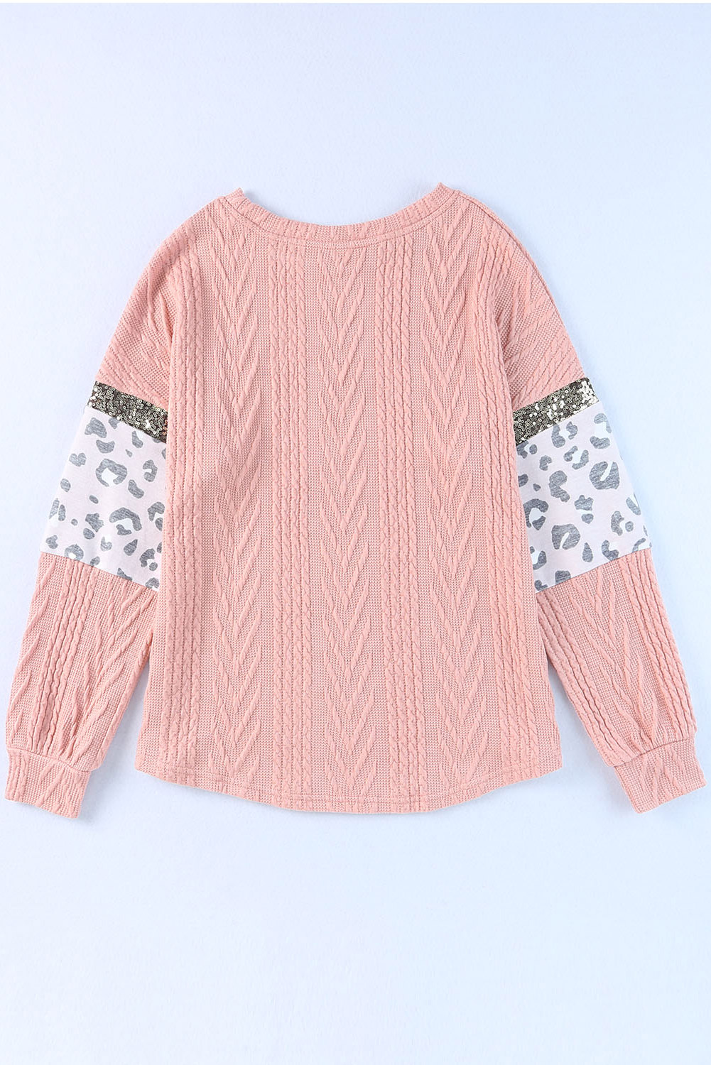 Pink Leopard Sequin Splicing Sleeves Textured Knit Top - loveforevers