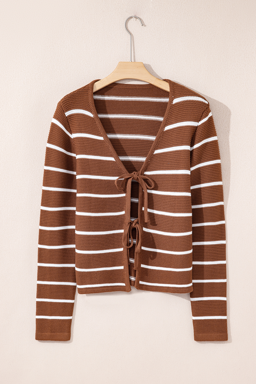 Chestnut Tie Front Striped Knit V Neck Cardigan Sweater - loveforevers