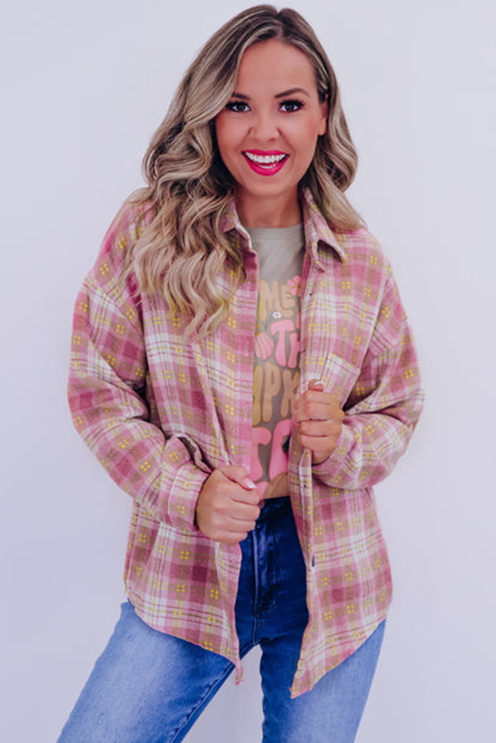 Pink Plaid Print Chest Pocket Long Sleeve Shacket - loveforevers
