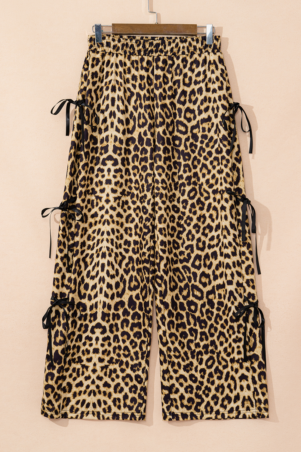 Brown Leopard Print Bow Tie Elastic Waistband Loose High Waist Pants - loveforevers