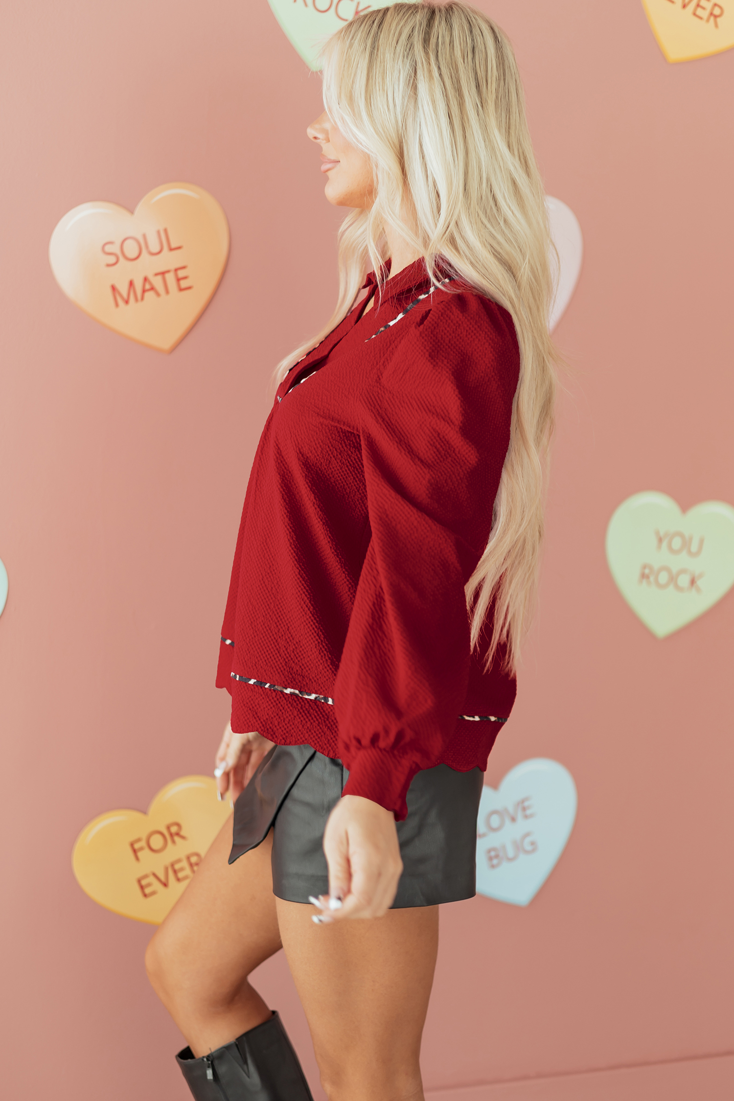 Fiery Red Textured V Neck Leopard Contrasted Trim Long Sleeve Shift Mini Dress - loveforevers