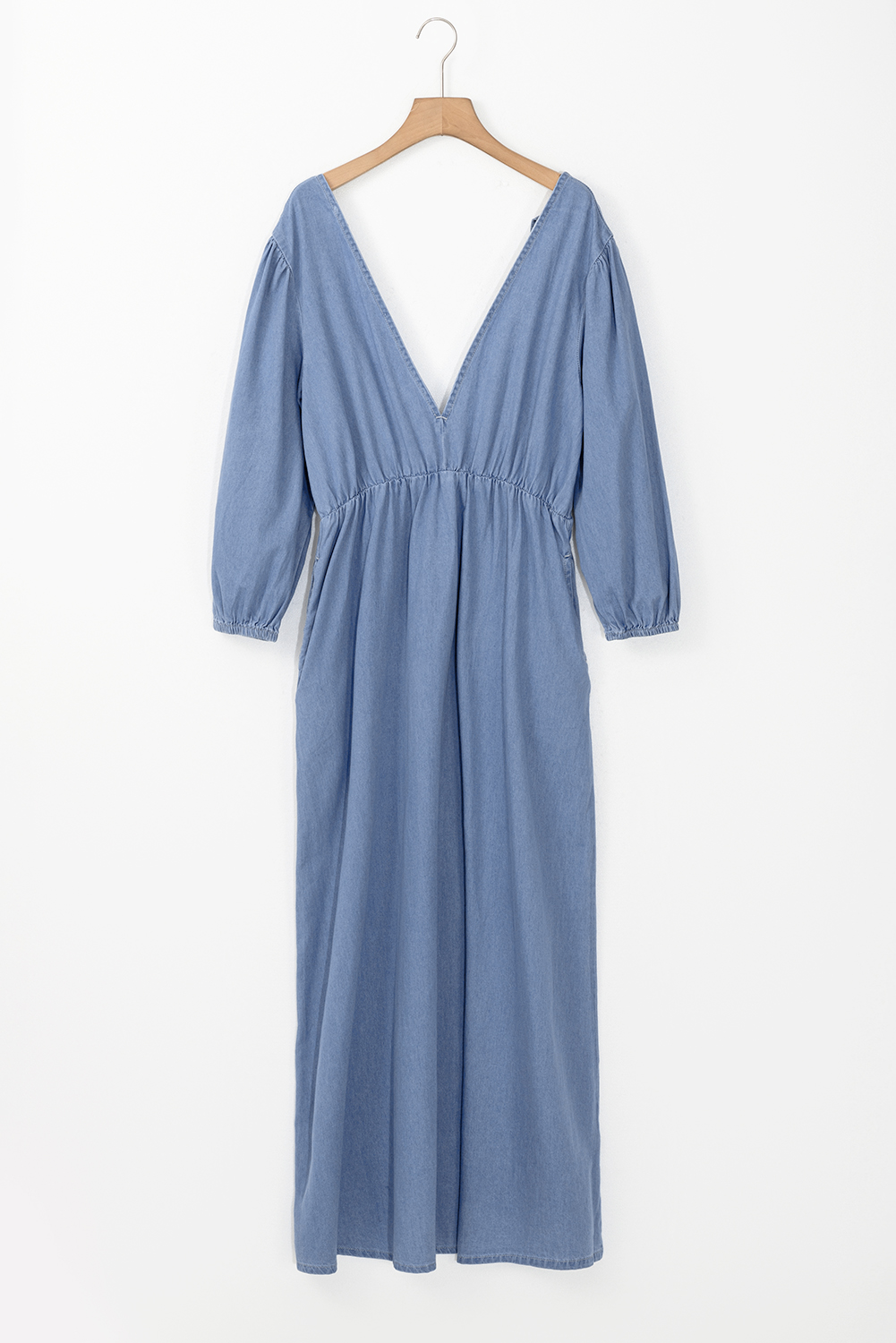 Myosotis Chambray Deep V Neck Bracelet Sleeve Maxi Dress - loveforevers