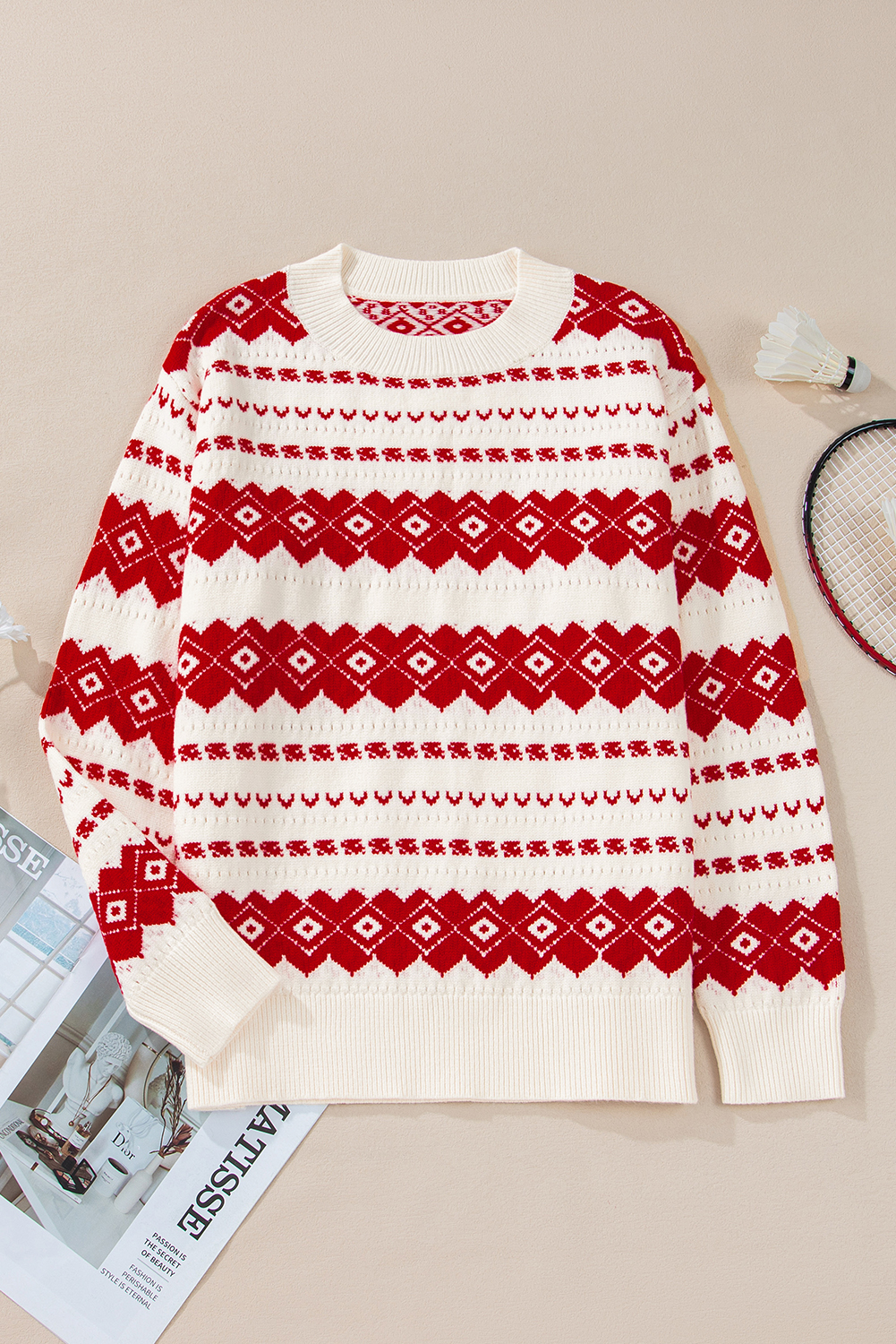 White Western Geometric Patterned Crew Neck Loose Sweater - loveforevers