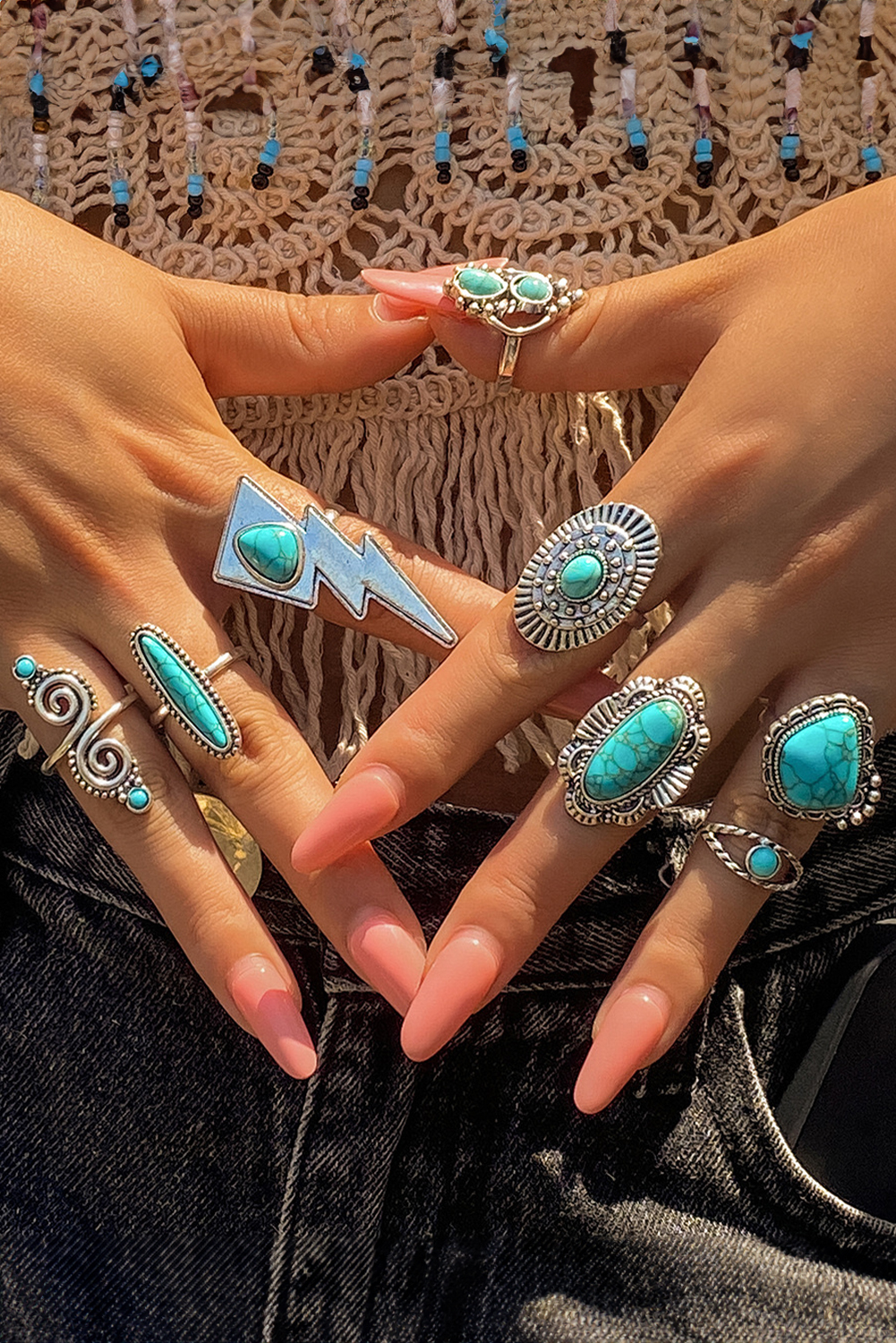Silvery 8pcs Turquoise Inlay Western Ring Set - loveforevers