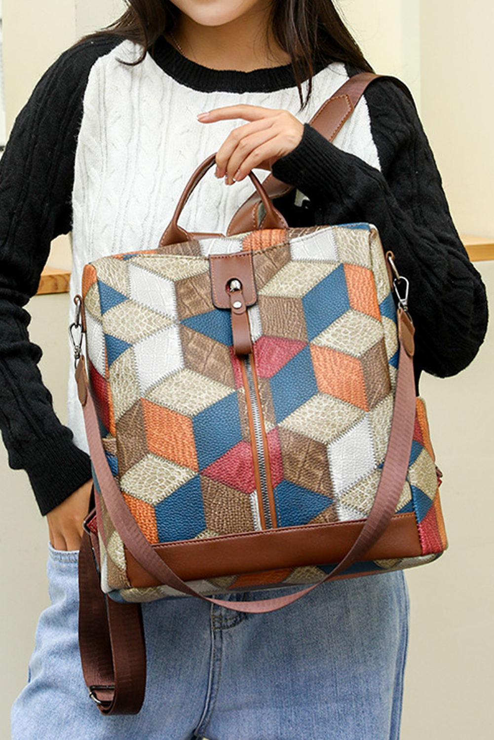 Chestnut Geometric Soft PU Leather Large Convertible Backpack - loveforevers