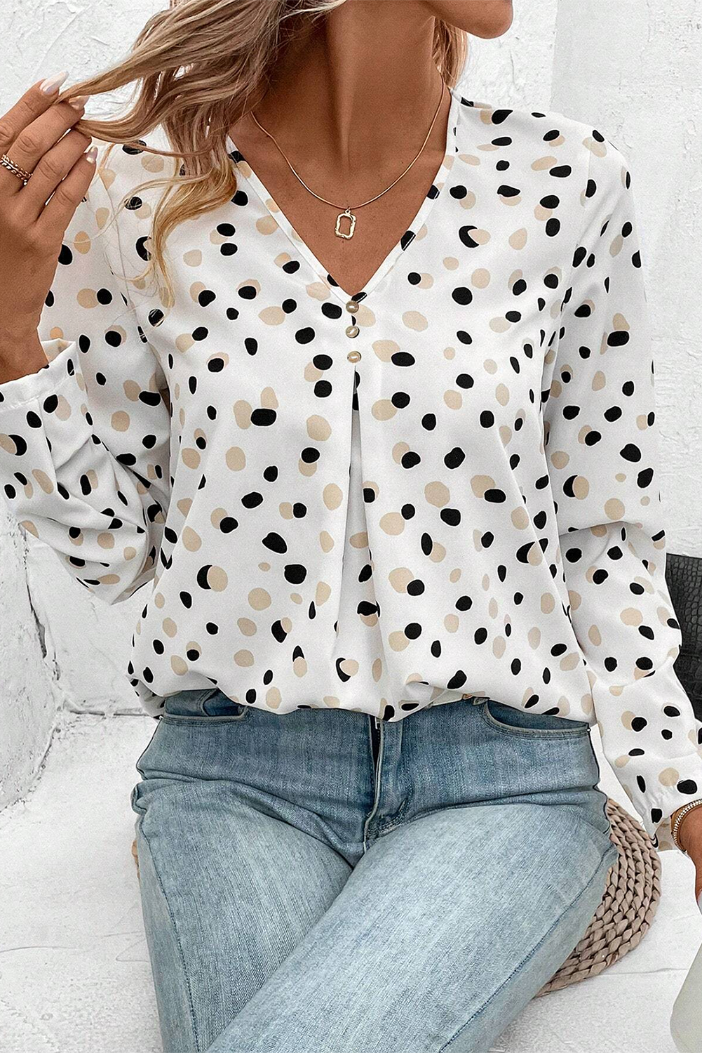 Green Polka Dot Print Button Front V Neck Blouse - loveforevers