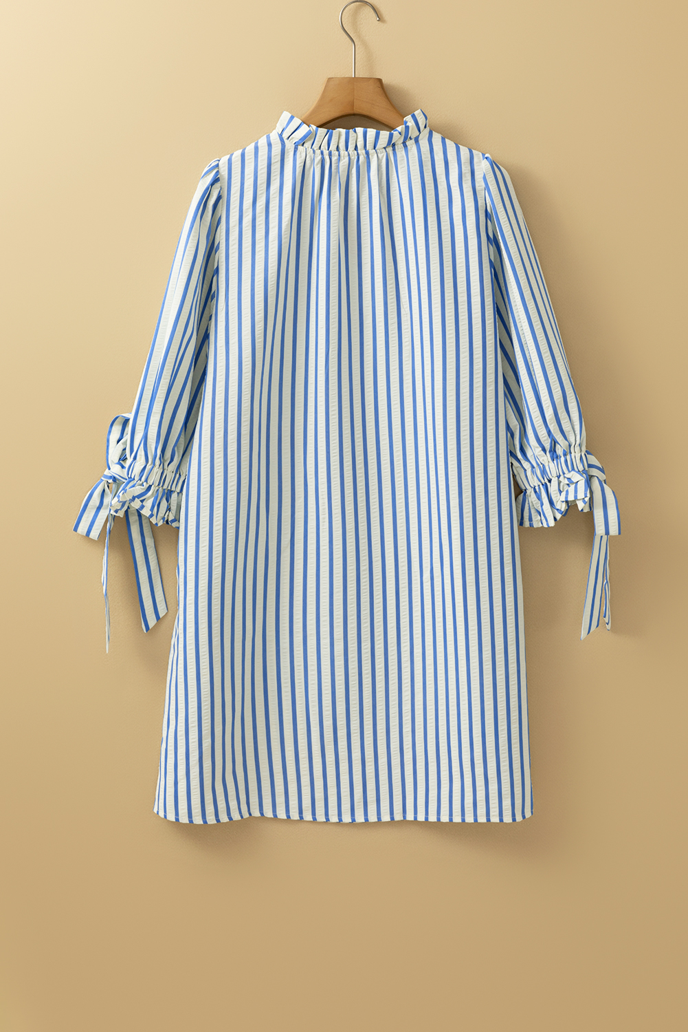 Sky Blue Stripe Knotted Bracelet Sleeve Notched Neck Shift Mini Dress - loveforevers