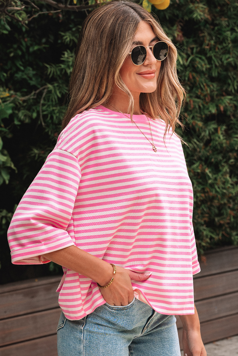 Red Stripe Bowknot Cutout Back Drop Shoulder Wide Bracelet Sleeve Loose Tee - loveforevers