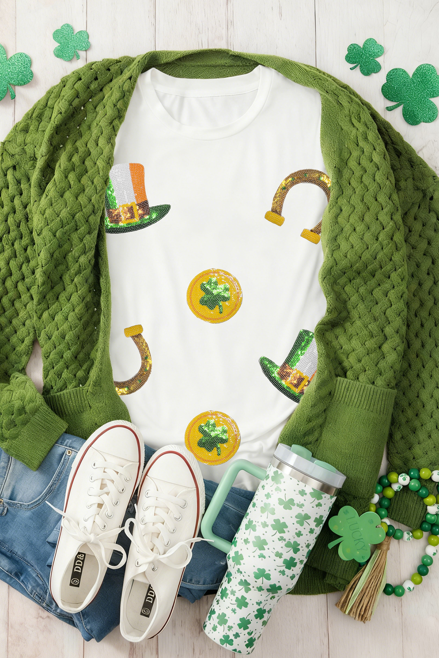 White St Patricks Day Sequin Graphic Casual T Shirt - loveforevers