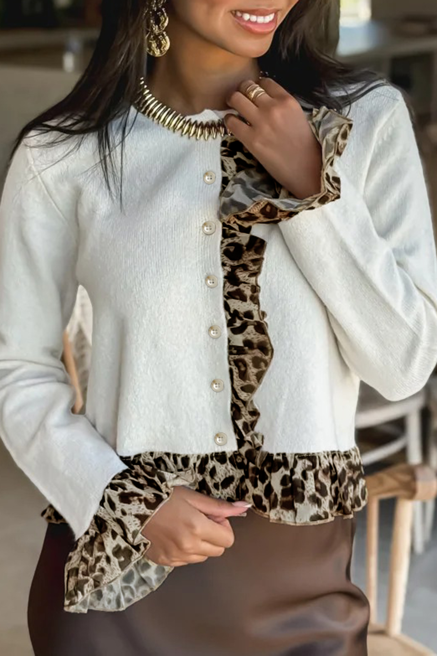 White Knitted Leopard Ruffle Patchwork Button Down Cropped Cardigan - loveforevers