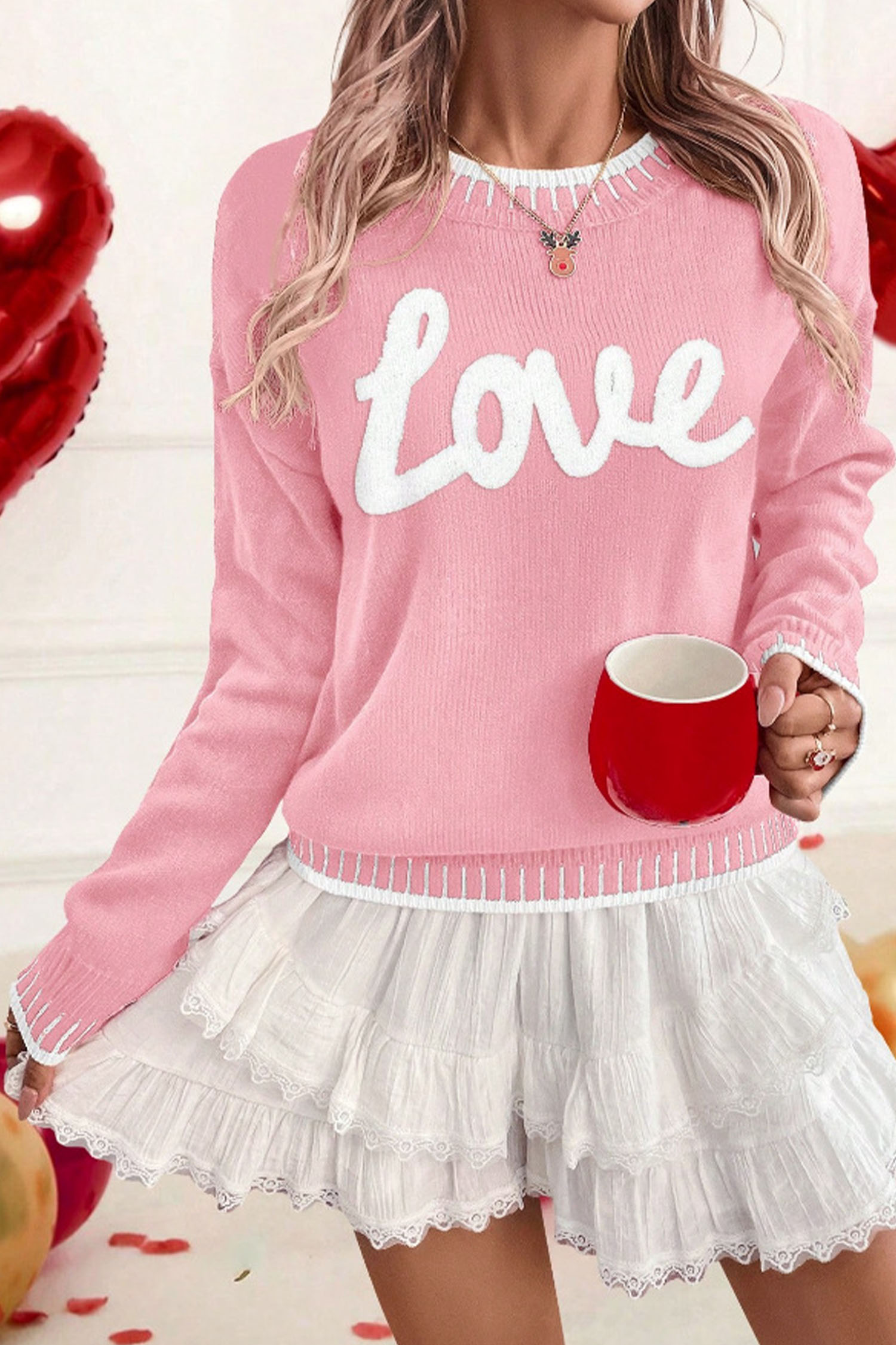 Light Blue Valentine Love Chenille Letter Graphic Sweater - loveforevers