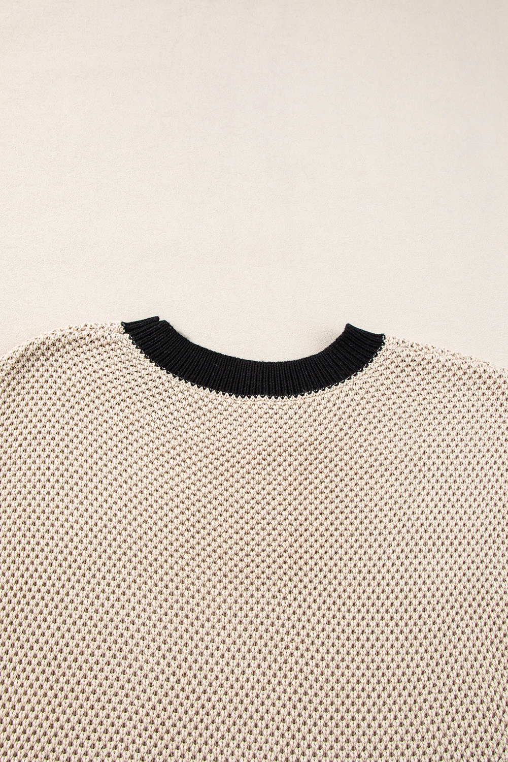 Light French Beige Contrast Trim Round Neck Batwing Sleeve Sweater Top - loveforevers