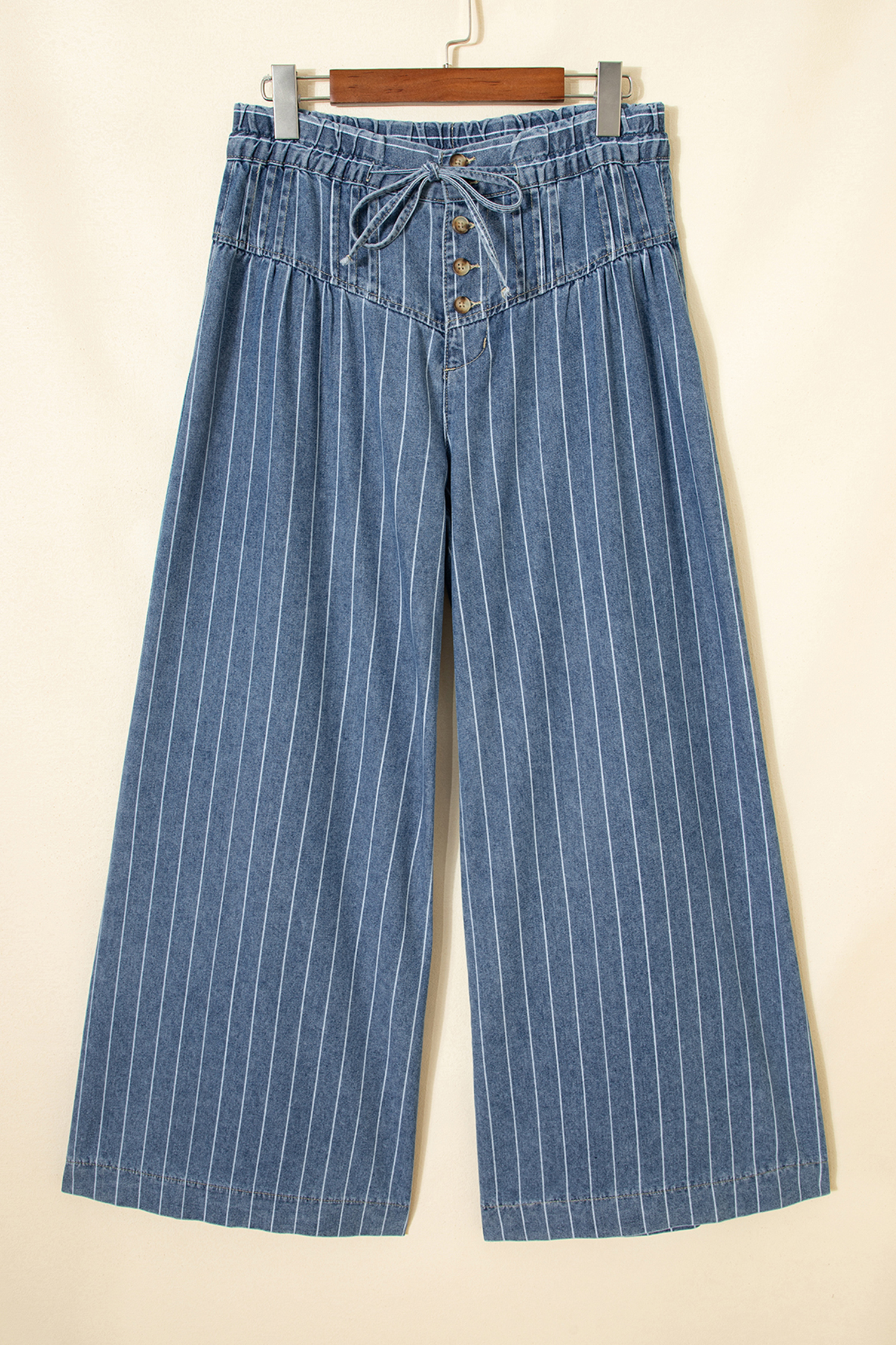 Sky Blue Stripe Button Pleated Drawstring Waist Casual Wide Leg Jeans - loveforevers