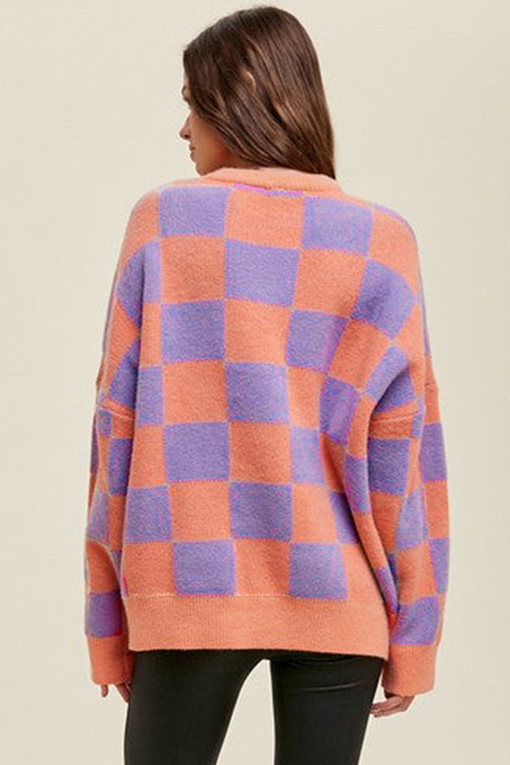 Parchment Checkered Pattern Ribbed Trim Knit Baggy Sweater - loveforevers