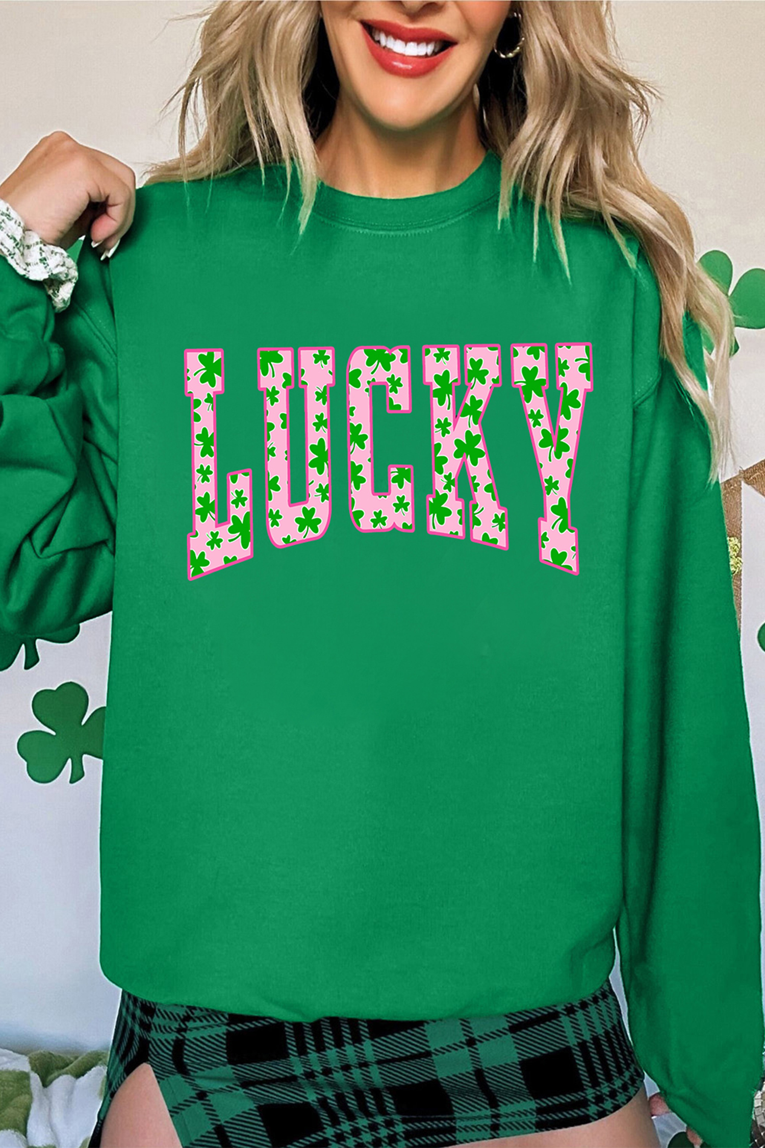 Dark Green LUCKY Clover Letter Printed Loose Pullover Sweatshirt - loveforevers