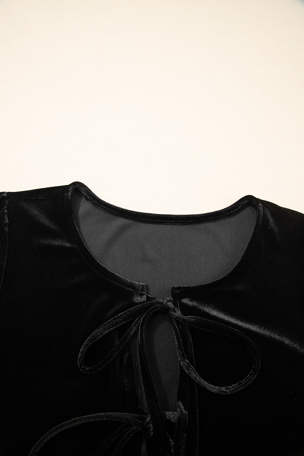 Black Front Tie Velvet Bubble Sleeve Mini Dress - loveforevers