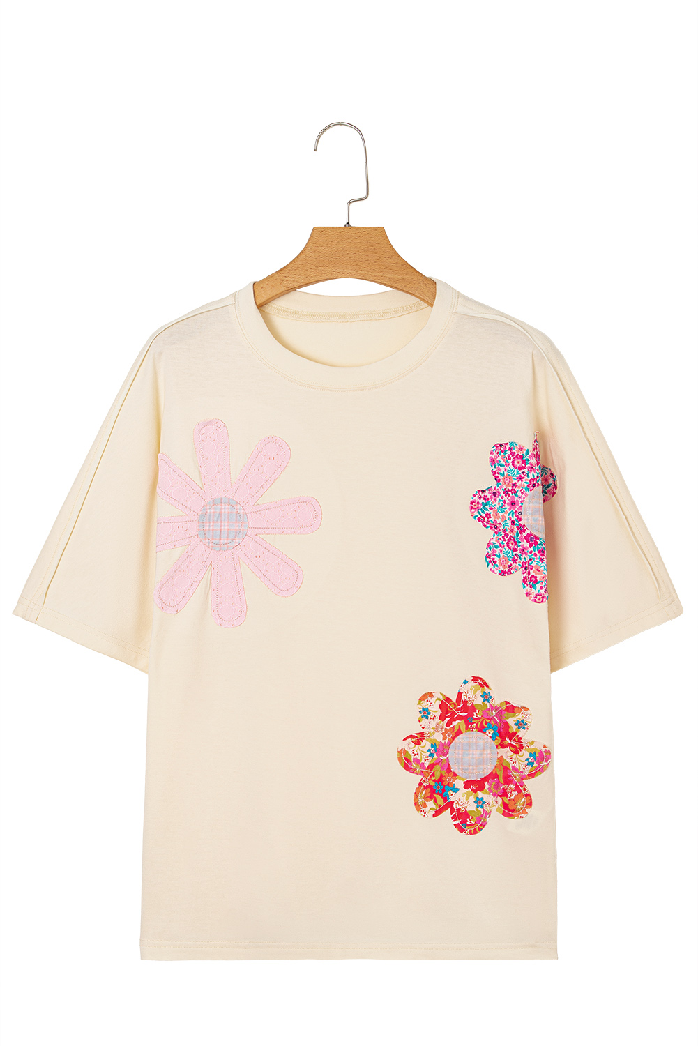 Apricot Flower Patched Exposed Stitching Trim Crew Neck Loose Tee - loveforevers