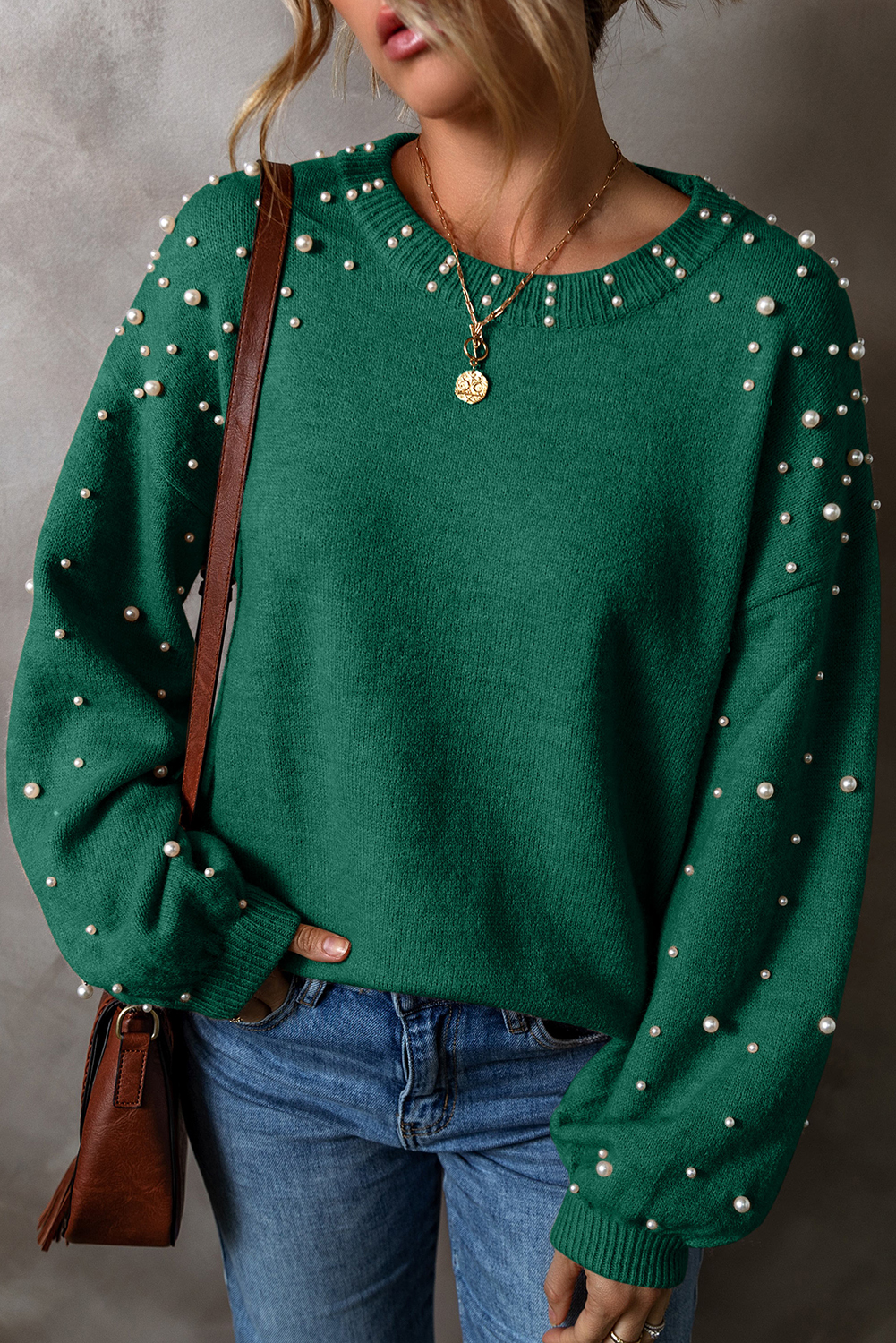 Evergreen Pearled Drop Shoulder Round Neck Sweater - loveforevers