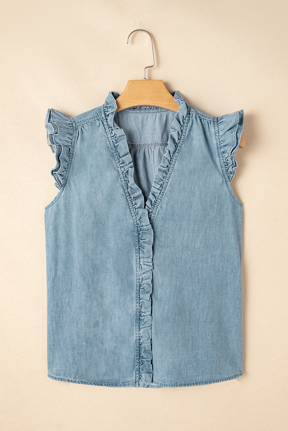 Beau Blue Frilly Ruffle Trim V Neck Chambray Tank Top - loveforevers
