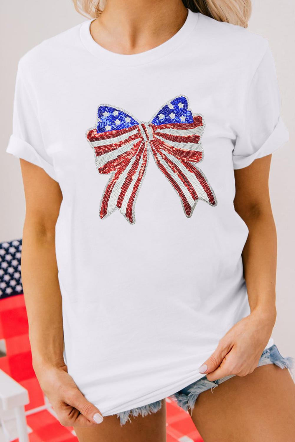 White USA Flag Bow Knot Patched Crew Neck T Shirt - loveforevers