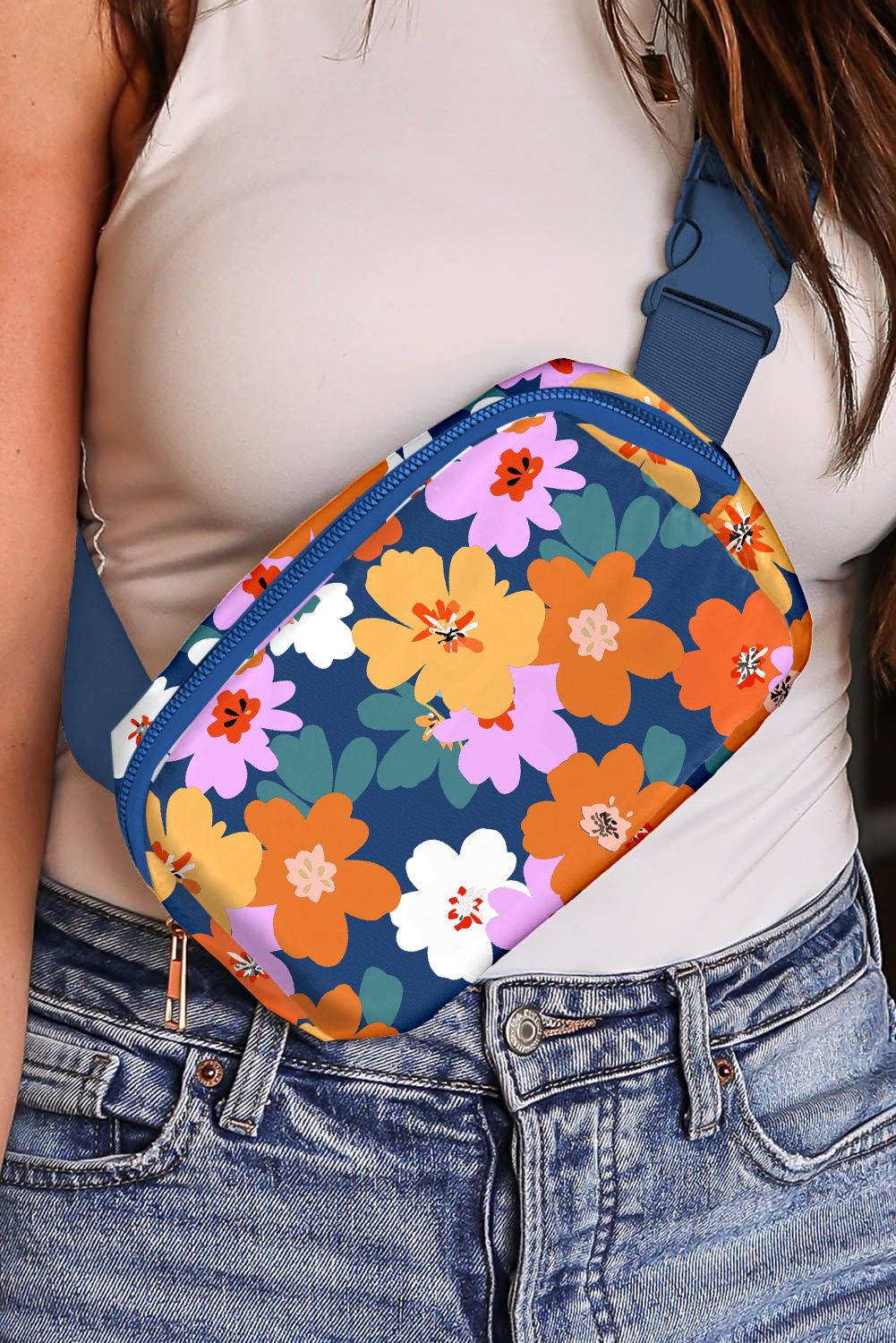 Sail Blue Flower Print Zipper Buckle Wide Strap Sling Bag - loveforevers