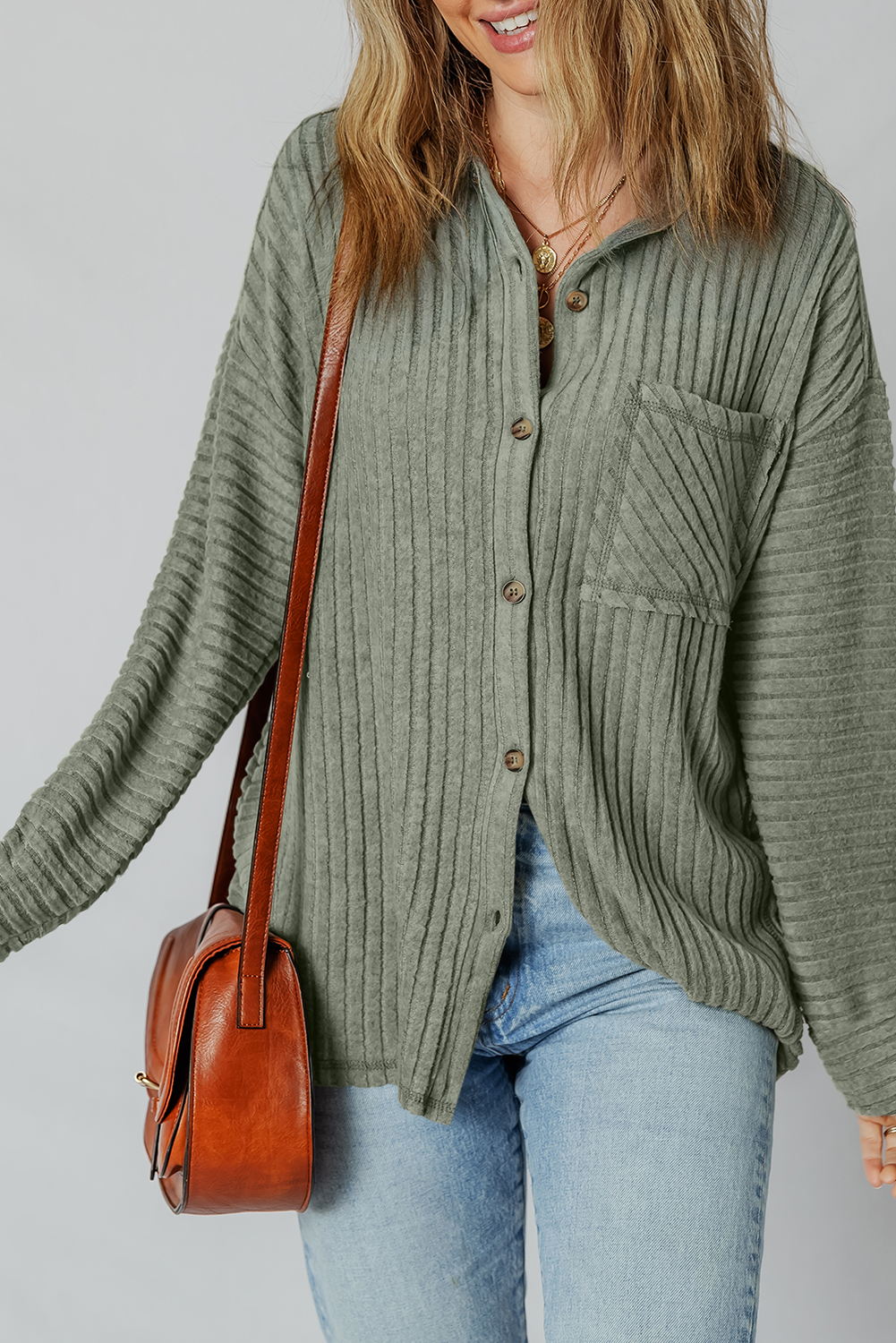 Mist Green Thermal Ribbed Texture Drop Shoulder Button Up Shacket - loveforevers