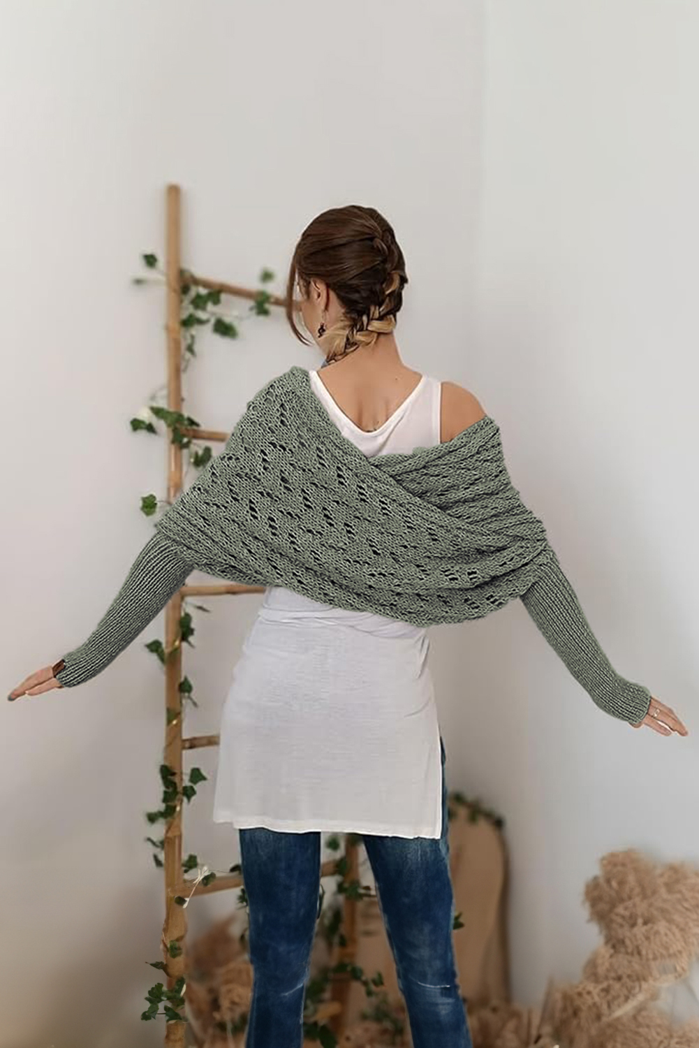 Gray Cross Detail Hollowed Knit Scarf with Sleeves - loveforevers