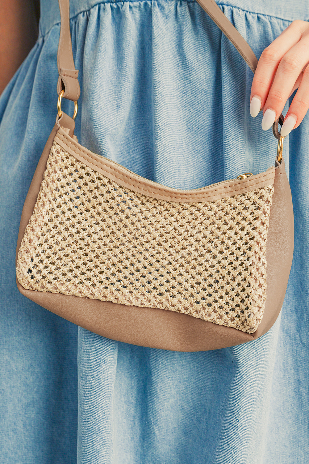 Khaki Straw Woven PU Leather Patchwork Shoulder Bag - loveforevers