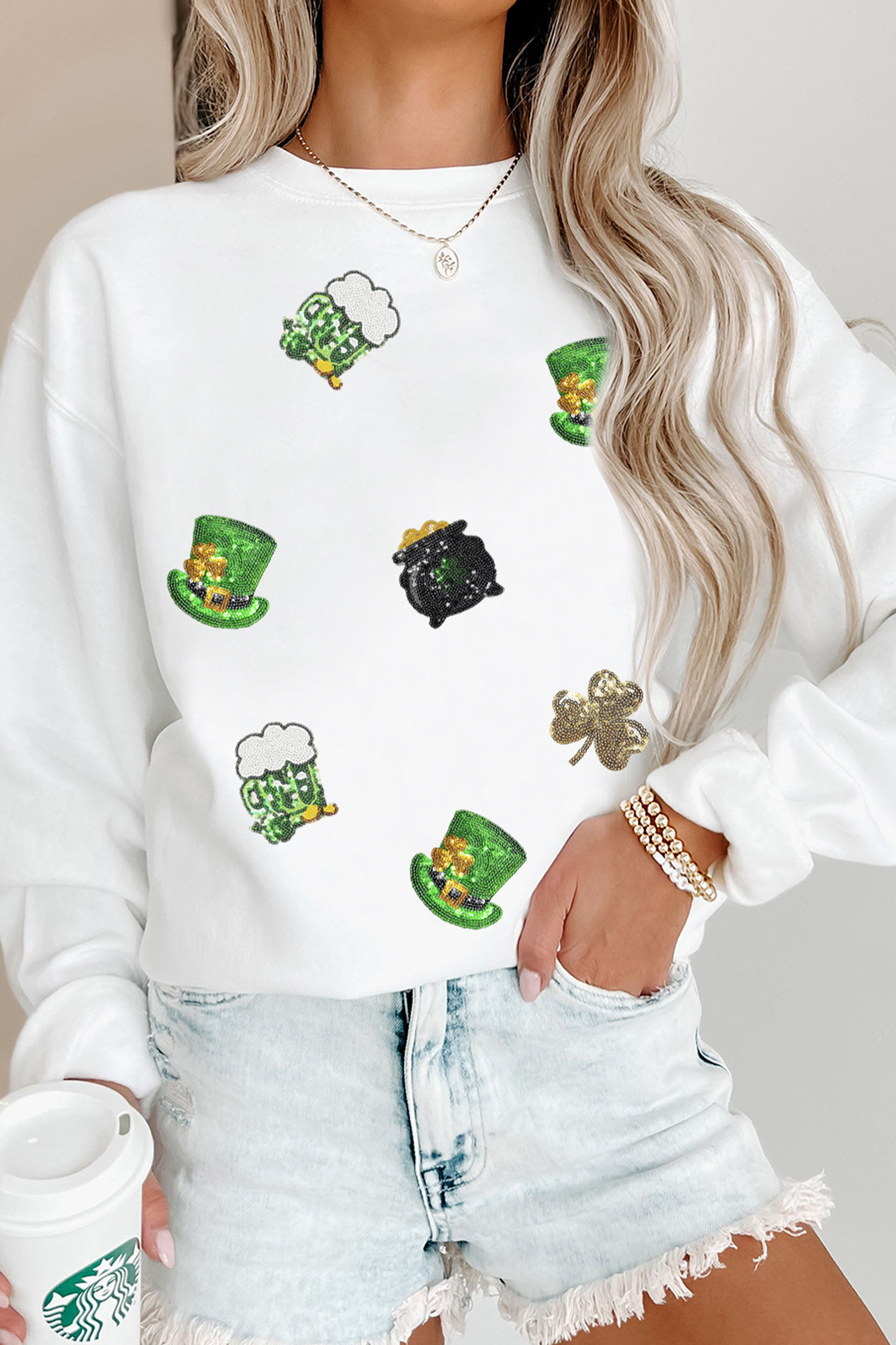 White Cheerful St Patricks Day Sequin Graphic Sweatshirt - loveforevers