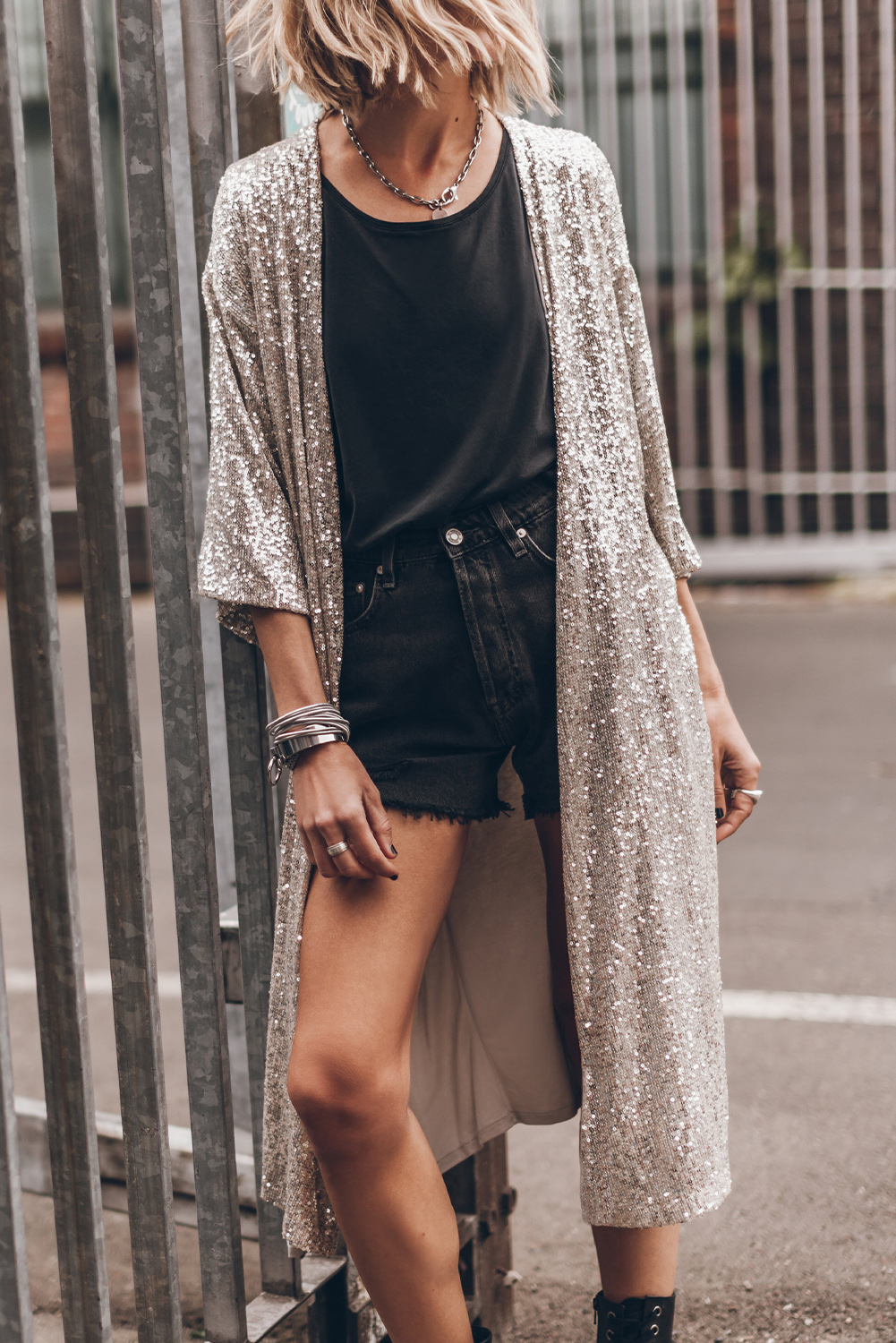 Apricot Sequin 3/4 Sleeve Open Front Duster Kimono - loveforevers