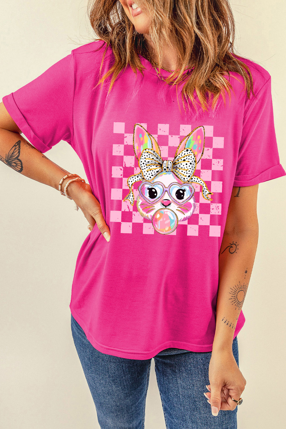 Rose Red Plaid Bubble Gum Rabbit Graphic Easter T Shirt - loveforevers