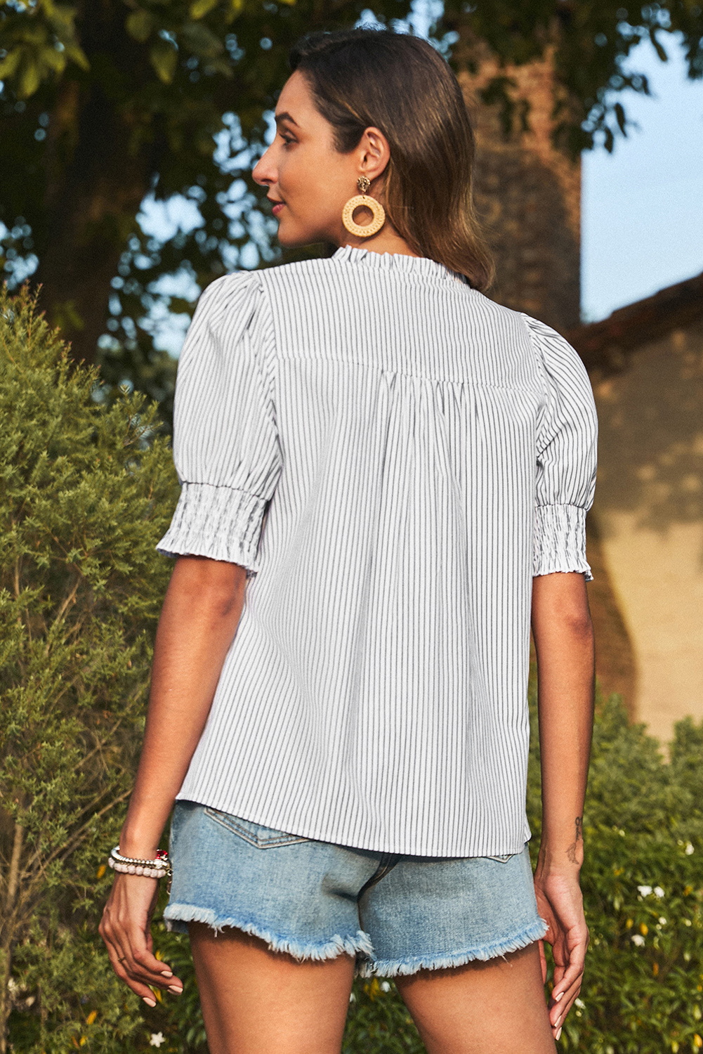 Gray Stripe Shirred Detail V Neck Puff Half Sleeve V Neck Blouse - loveforevers