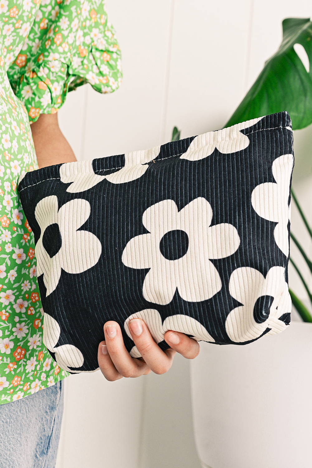 Red Flower Printed Rib Textured Cosmetic Bag - loveforevers
