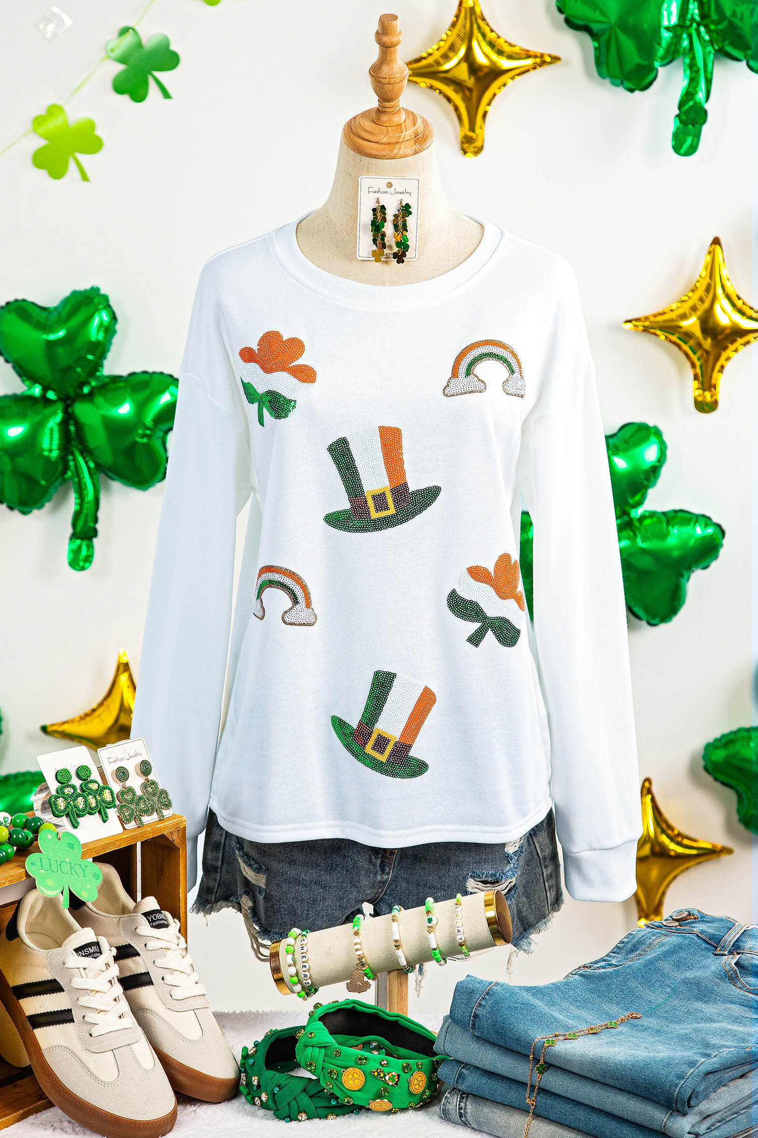 White LUCKY Clover Embroidered Long Sleeve Top - loveforevers