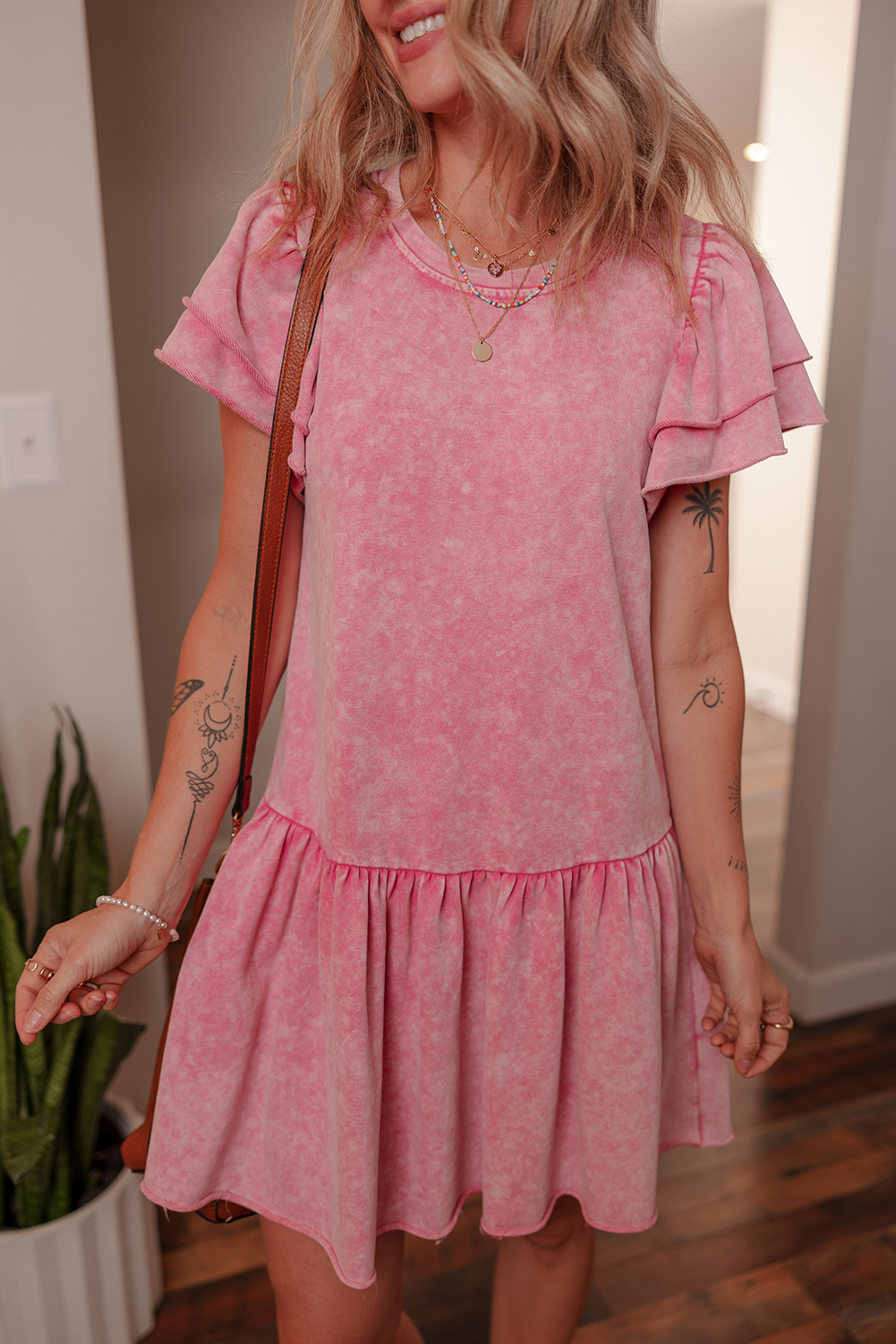 Sachet Pink Mineral Wash Raw Edge Ruffle Mini Dress - loveforevers