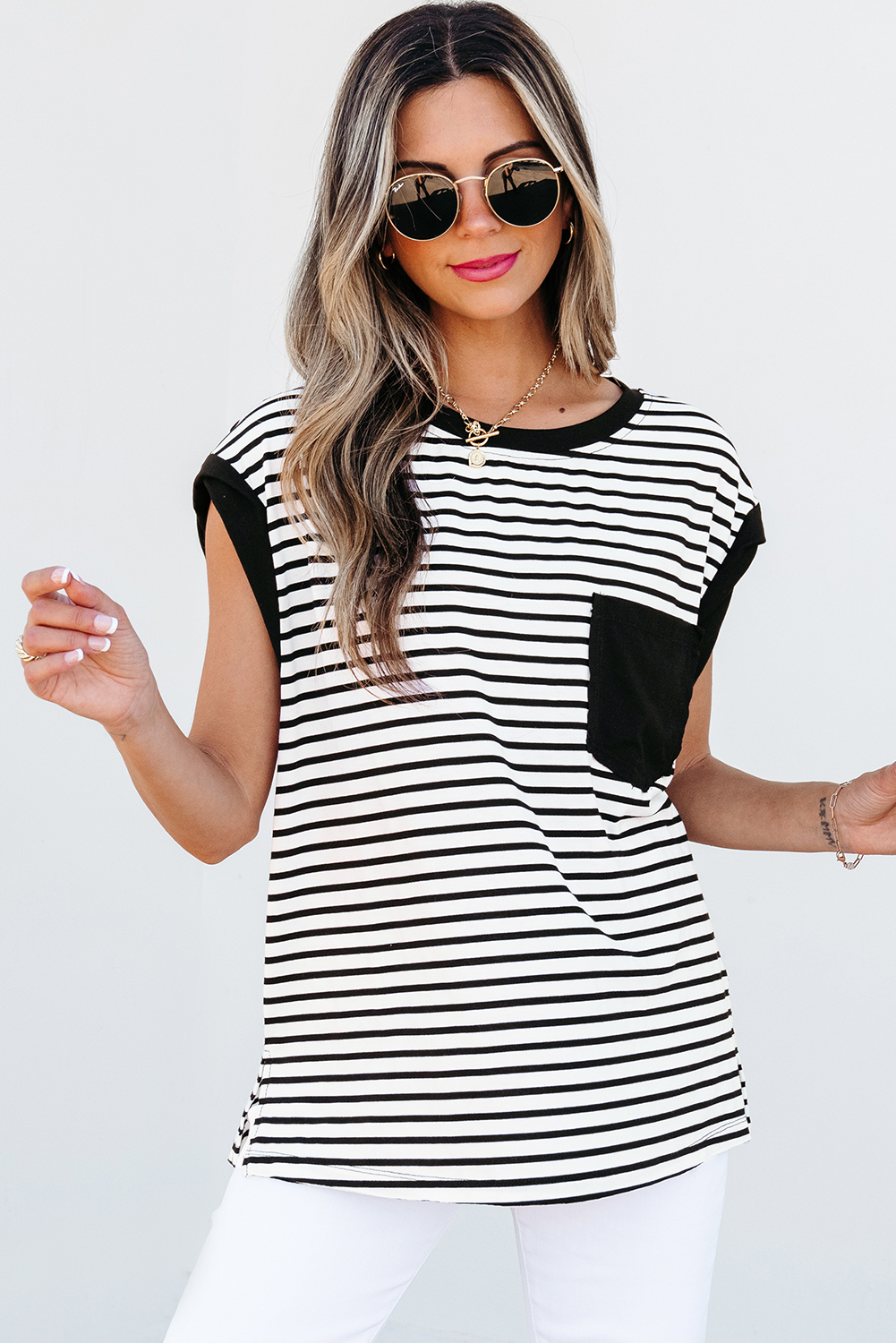 Red Stripe Chest Pocket Patch Round Neck Tank Top - loveforevers