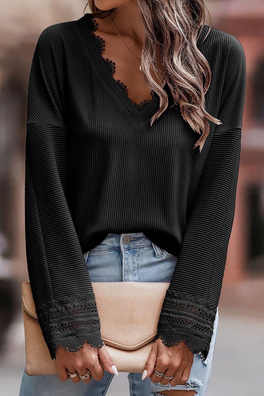 Black Ribbed Texture Lace Trim V Neck Long Sleeve Top - loveforevers