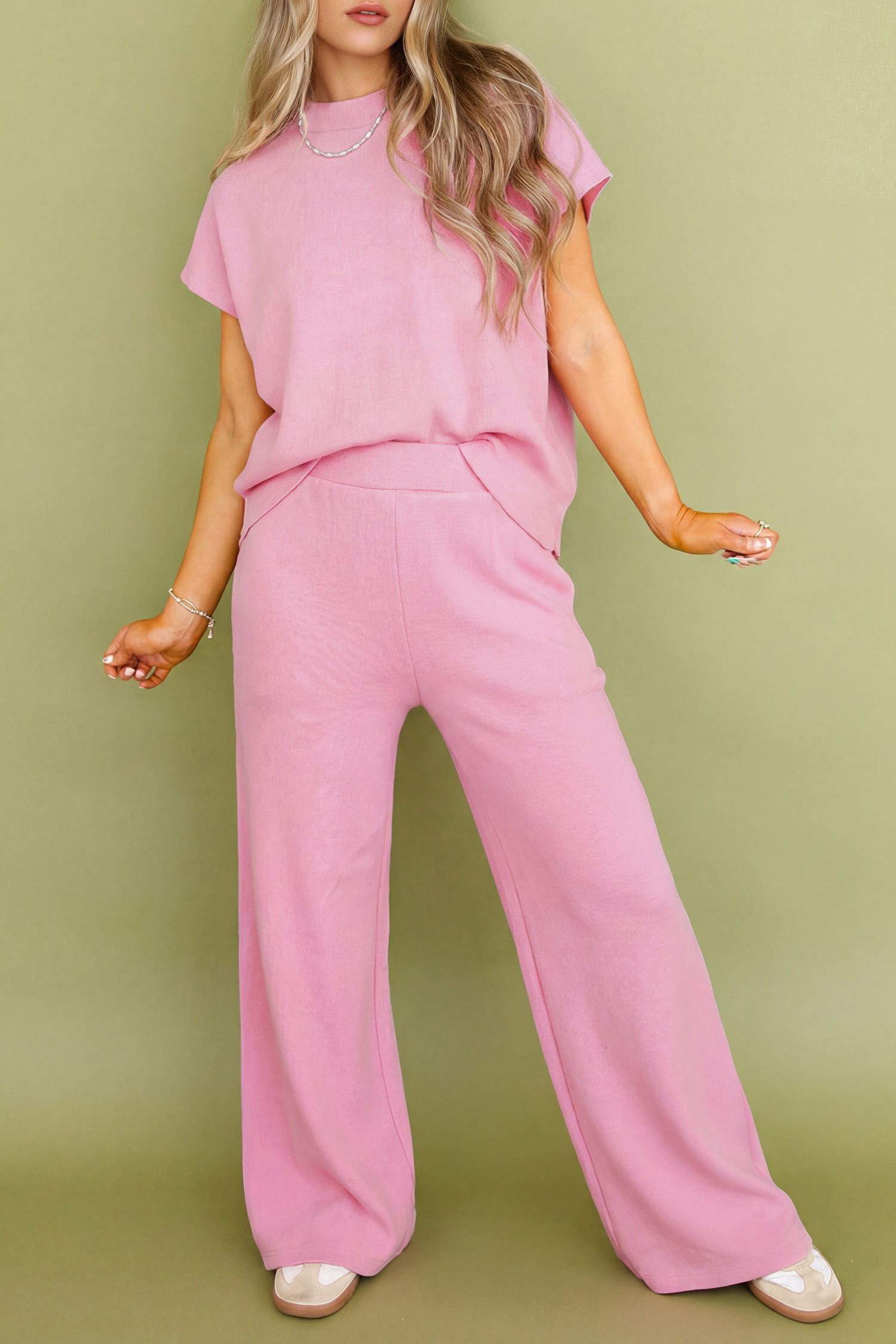 Pink Textured Knit High Neck Loose Tee Elastic Waist Loose Pant Set - loveforevers