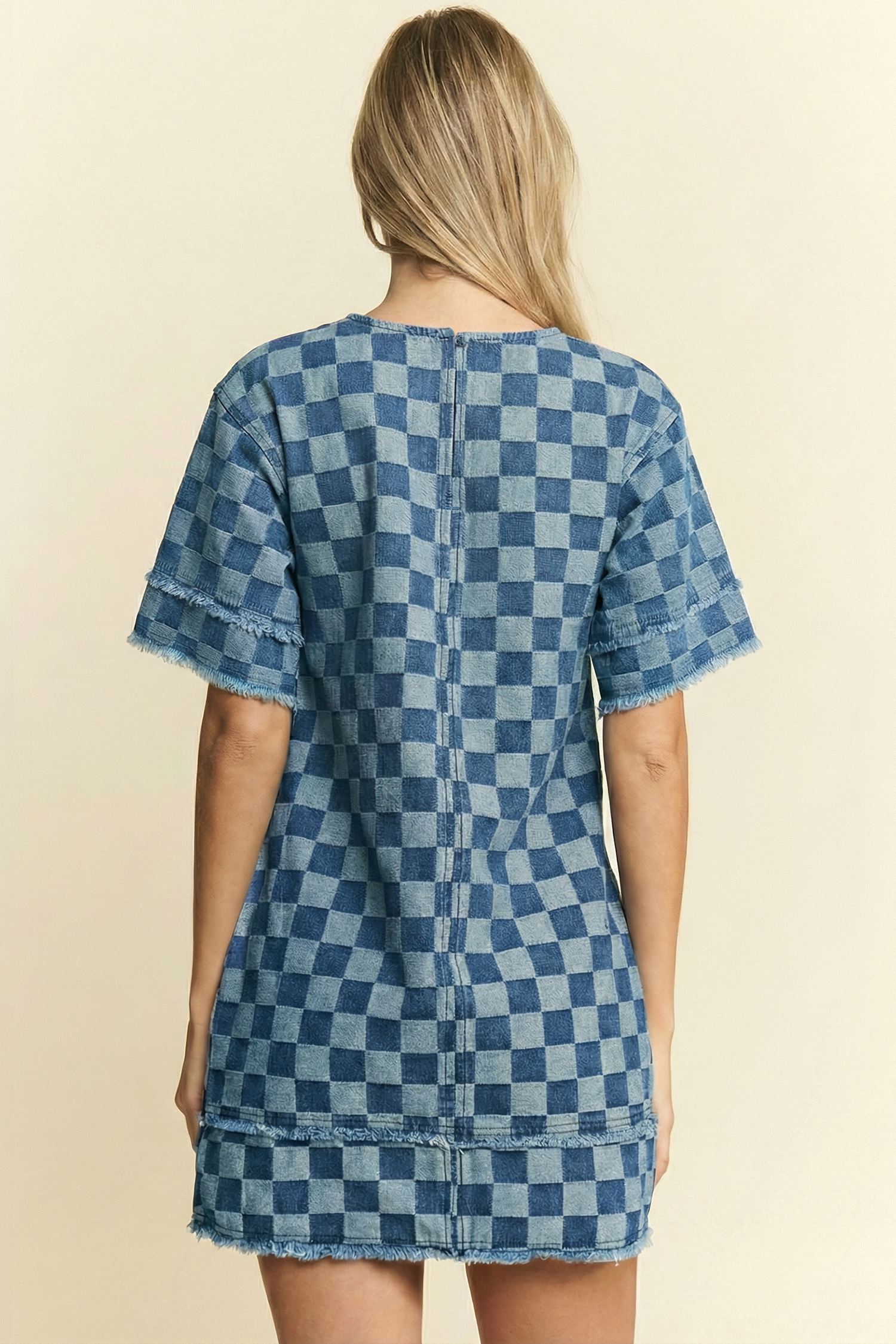 Sky Blue Frayed Hem Checkered Denim Mini Dress - loveforevers