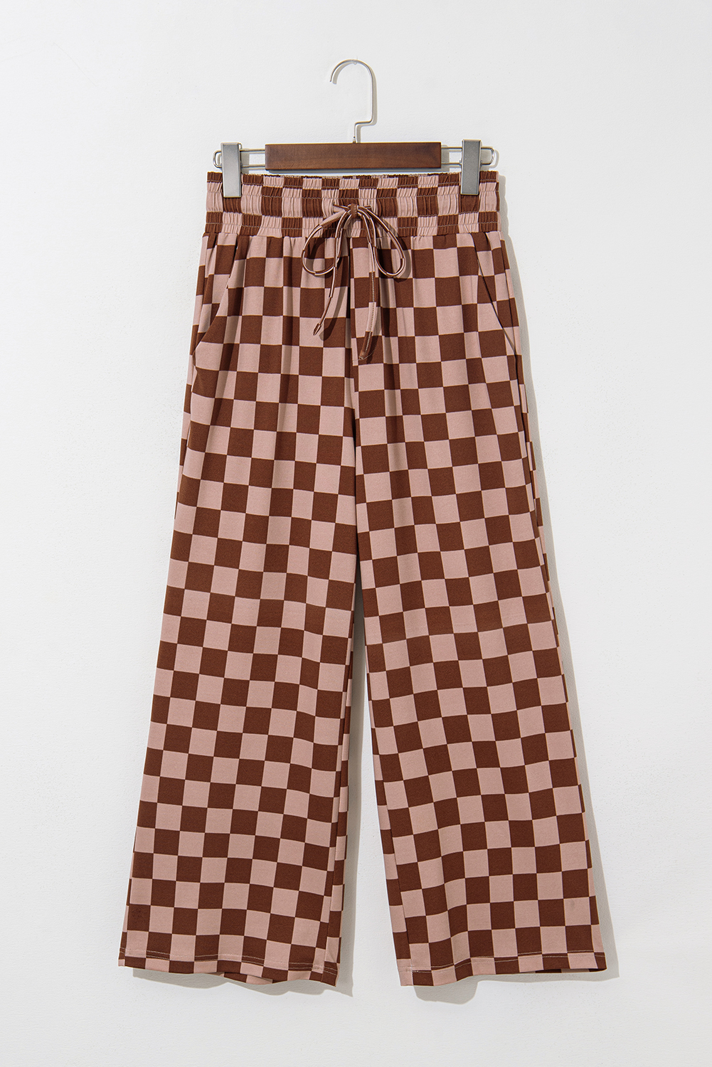Khaki Checkered Elastic High Waist Loose Casual Pants - loveforevers