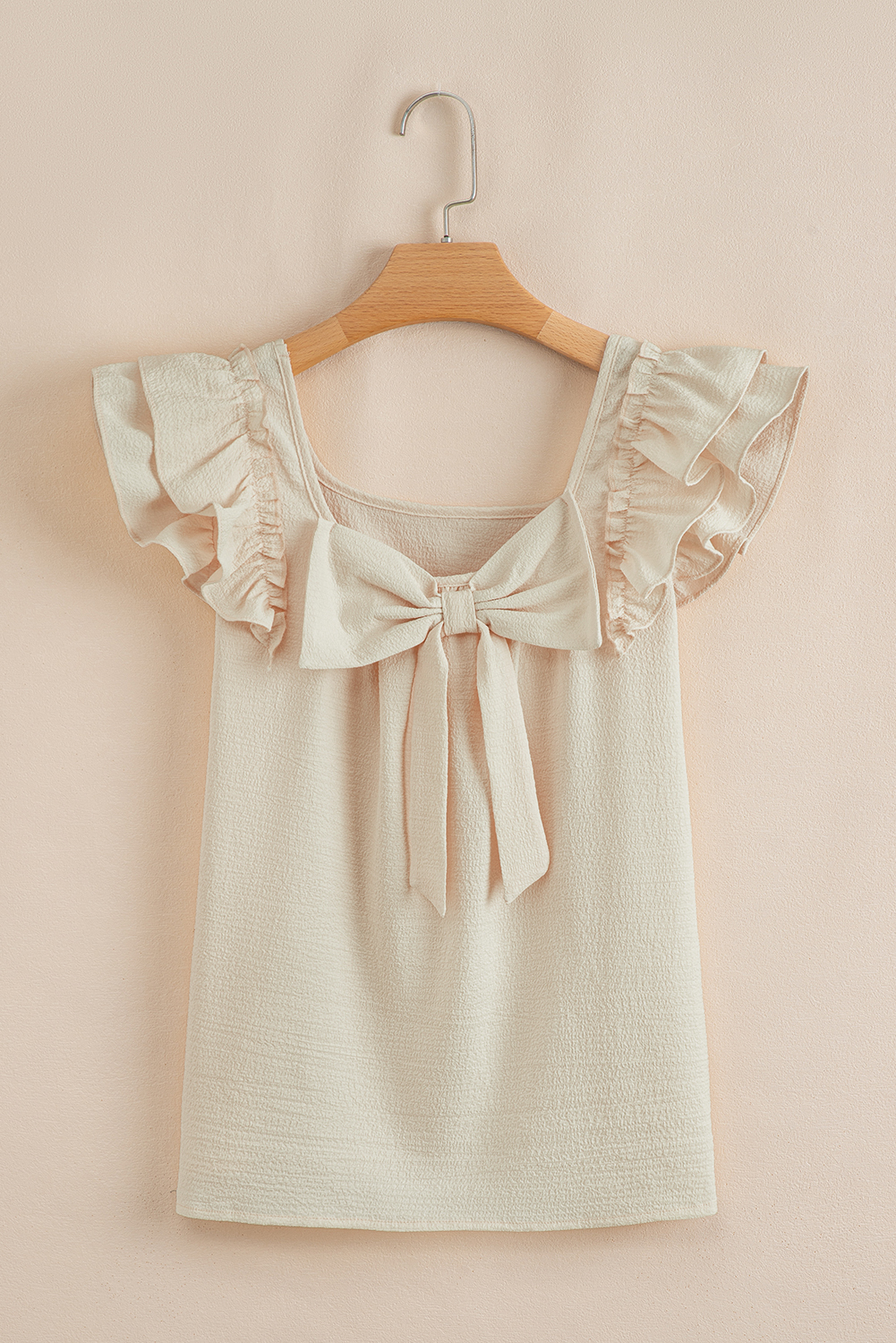 Beau Blue Textured Bow Knot Frilled Butterfly Sleeve Blouse - loveforevers