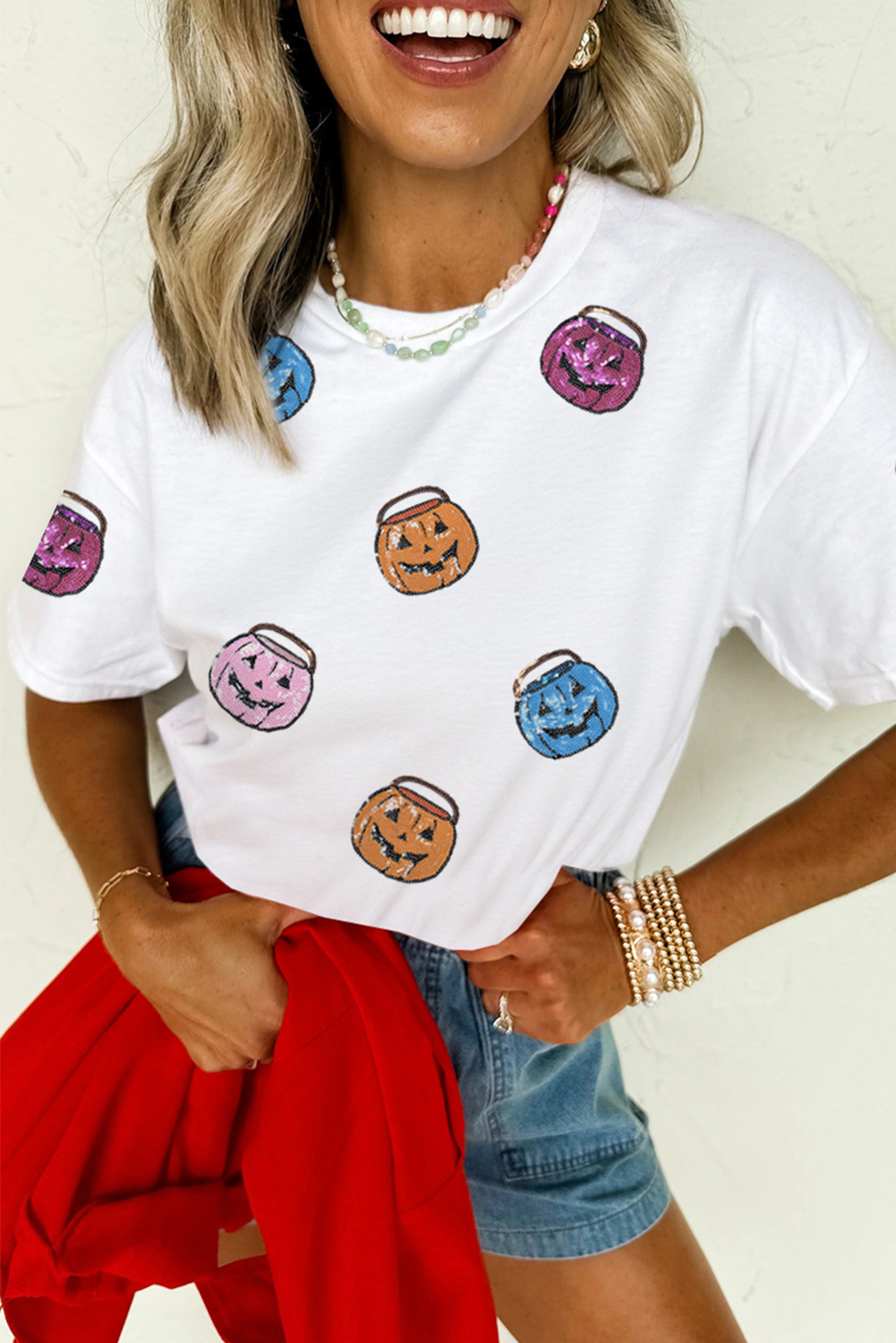 White Sequin Pumpkin Face Patched Crew Neck Holiday T Shirt - loveforevers